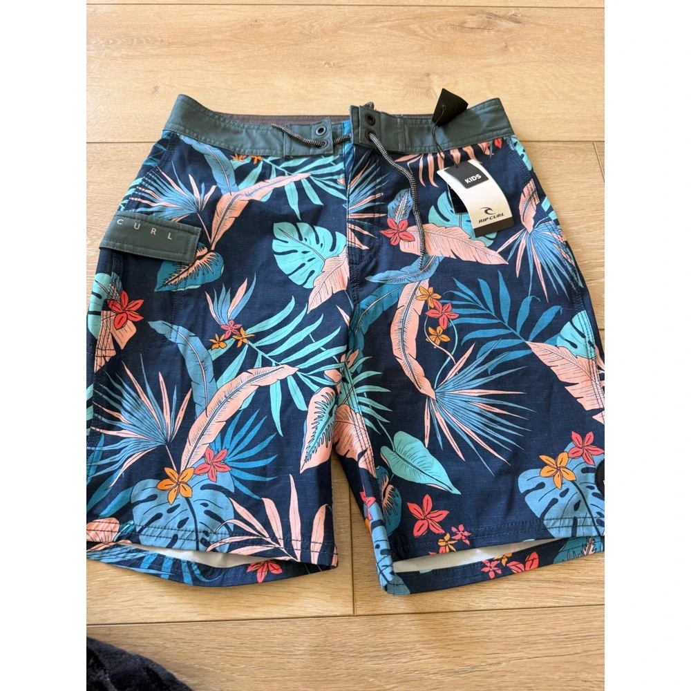 Rip Curl Boys Navy Blue Tropical Floral Board Shorts Swim Trunks Size 14 NWT